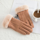 New Winter Female Lace Warm Cashmere Three Ribs Cute Bear Mittens Double thick Plush Wrist Women Touch Screen Driving Gloves 81C