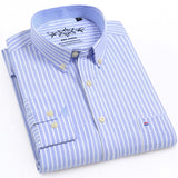 Men's Long Sleeve Oxford Plaid Striped Casual Shirt Front Patch Chest Pocket Regular-fit Button-down Collar Thick Work Shirts