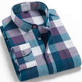 Men's Fashion 100% Cotton Brushed Flannel Shirts Single Pocket Long Sleeve Slim-fit Youthful Soft Casual Plaid Checkered Shirt
